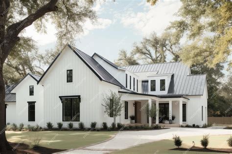 white house with black shutters and metal roof|white siding with black shutters.